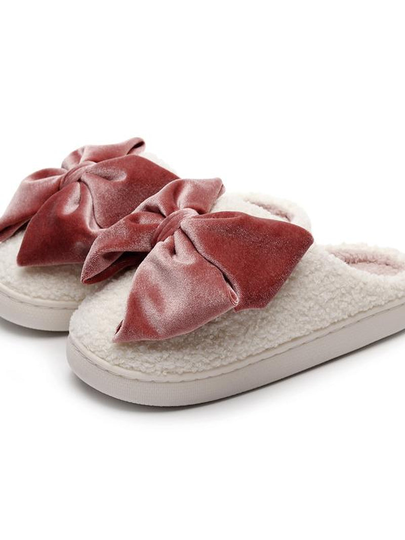 Comfortable Velvet Bow Slippers for Fall & Winter, Thick Non-Slip Plush Home Slippers for Men & Women, Cute and Casual Cozy Footwear