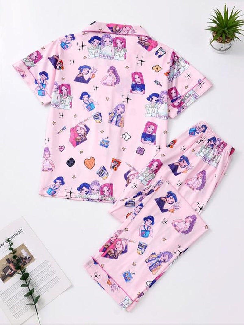 K-Pop Demon Hunter Women'S Cartoon Pajama Set, Casual Fitted Two-Piece Sleepwear, Short Sleeve Top & Elastic Waist Pants, Spring & Fall
