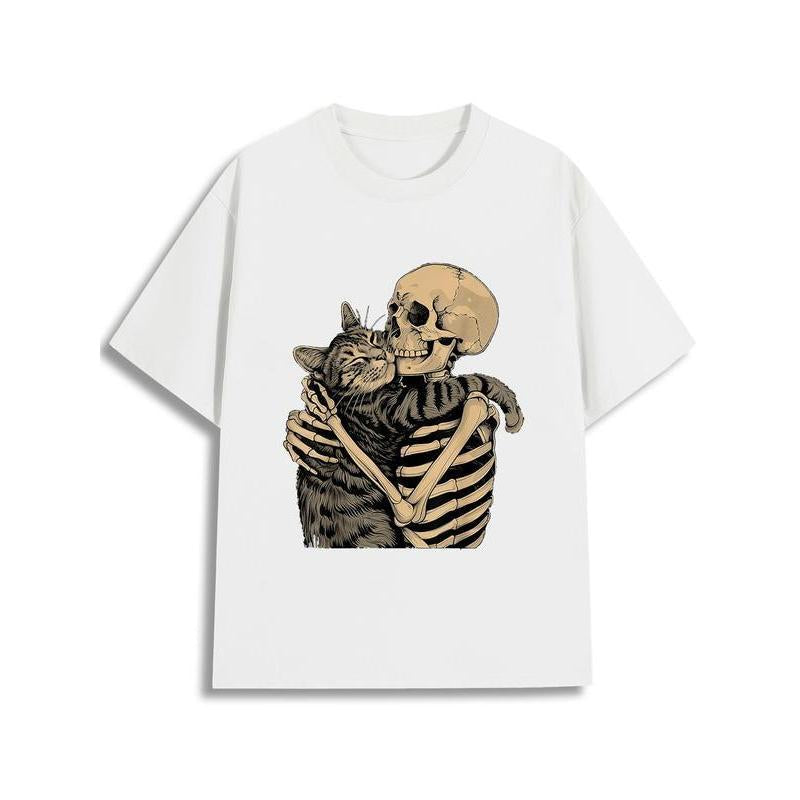 [100% Cotton] Men'S Skeleton Hugging Cat Graphic T-Shirt Cotton Crew Neck Tee, Casual Printed Top with Slight Stretch, Perfect for Cat Lovers, Ideal for Halloween, Christmas, Thanksgiving - Summer Knit Fabric Menswear Soft T-Shirt for Men and Women