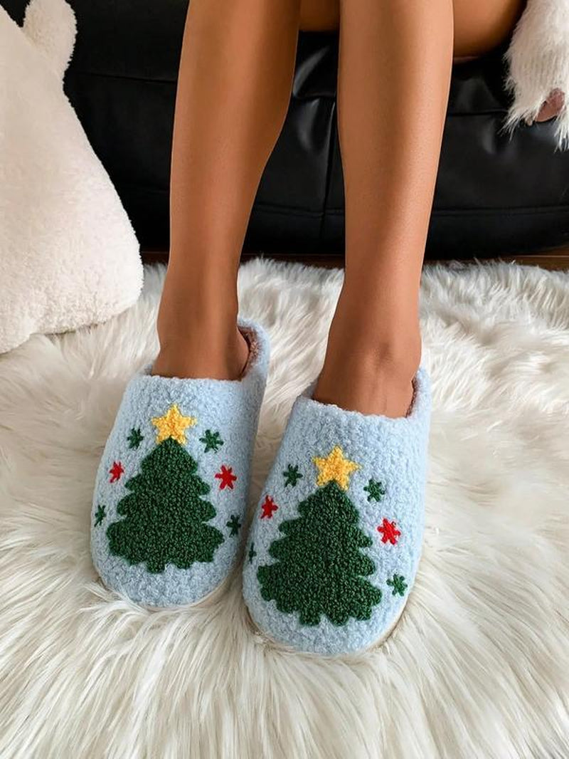 Christmas Plush Slippers, Creative Embroidered Tree Design, Unisex Indoor Outdoor Warm Shoes, Fall Winter Holiday Gift, Footwear