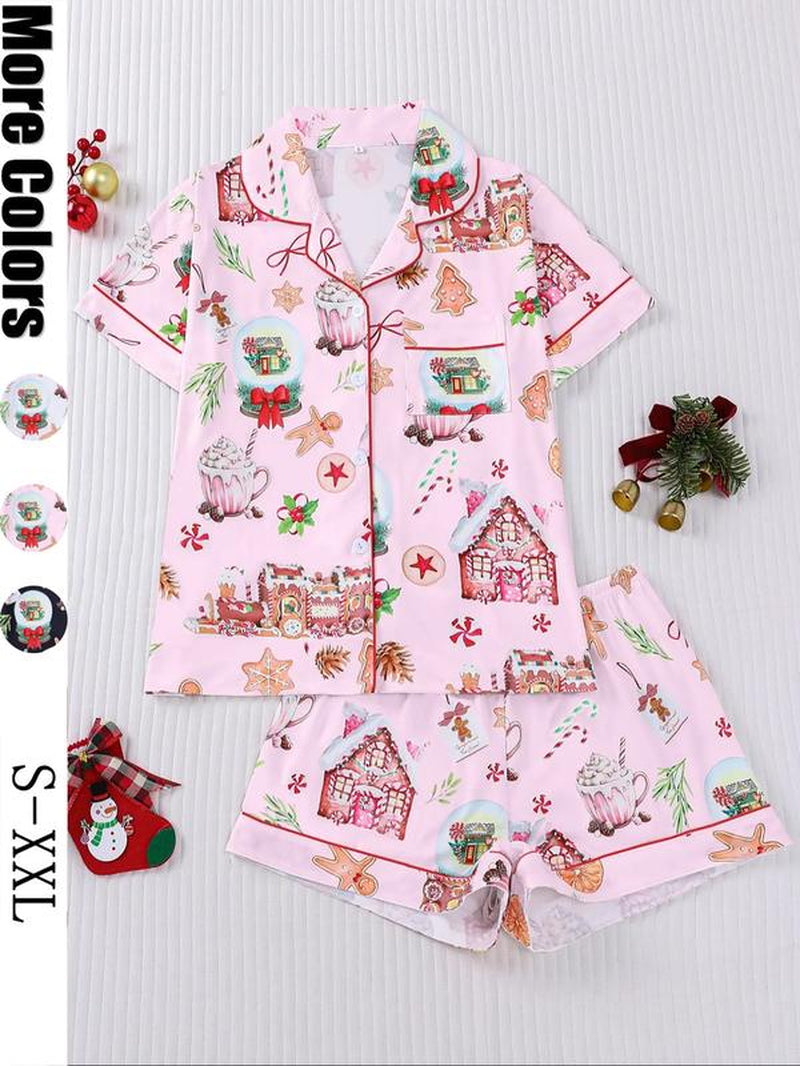 【Christmas Pyjamas】Women'S Set, Watercolor Gingerbread Print, Short Sleeve Button Front Top & Elastic Shorts, Casual Home Wear, Pajamas
