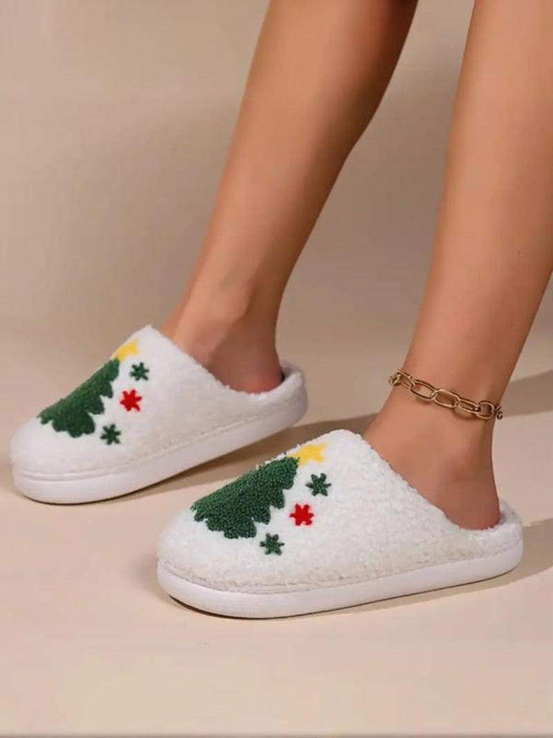 Christmas Plush Slippers, Creative Embroidered Tree Design, Unisex Indoor Outdoor Warm Shoes, Fall Winter Holiday Gift, Footwear