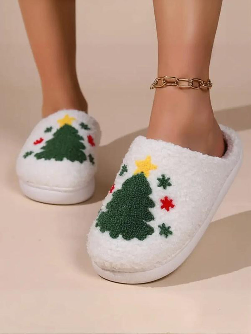 Christmas Plush Slippers, Creative Embroidered Tree Design, Unisex Indoor Outdoor Warm Shoes, Fall Winter Holiday Gift, Footwear