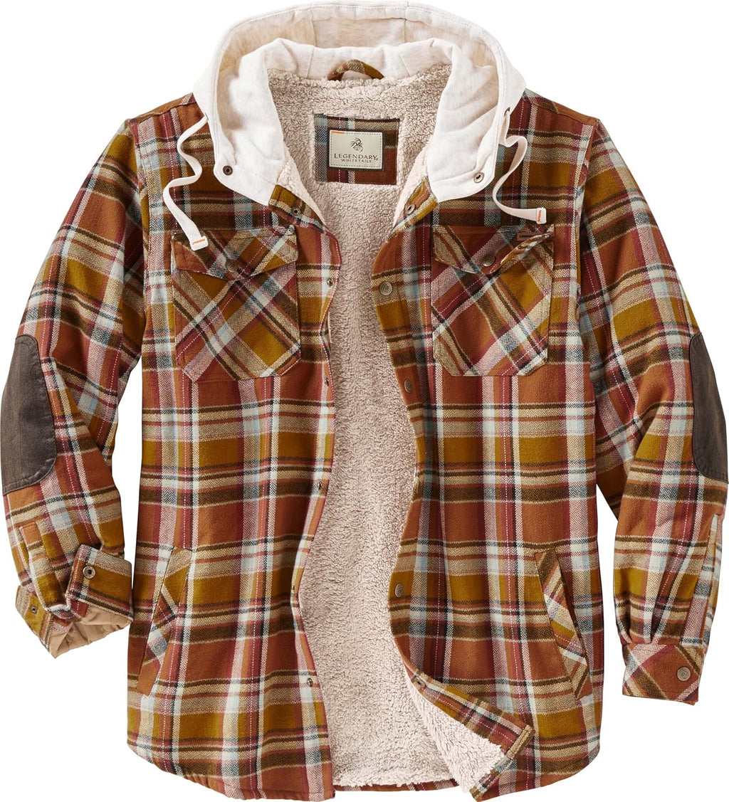 Men'S Hooded Shirt Jacket Plaid Flannel Berber Lined Polyfill Insulated