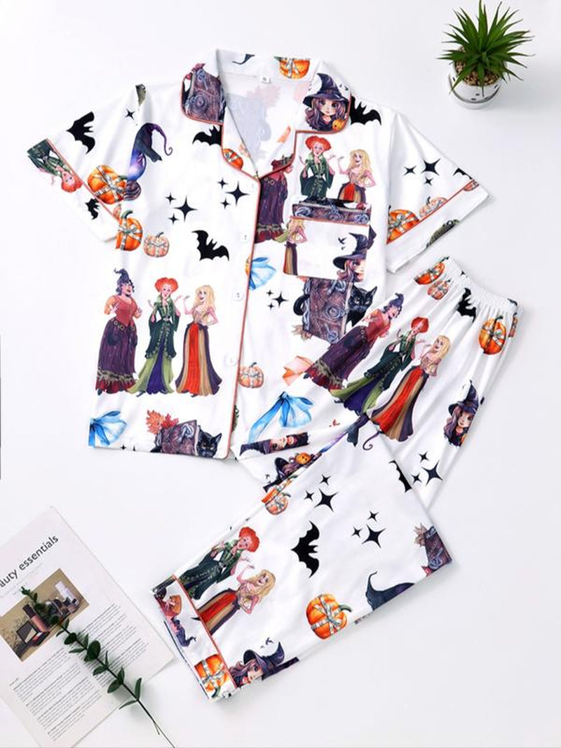 K-Pop Demon Hunter Women'S Cartoon Pajama Set, Casual Fitted Two-Piece Sleepwear, Short Sleeve Top & Elastic Waist Pants, Spring & Fall