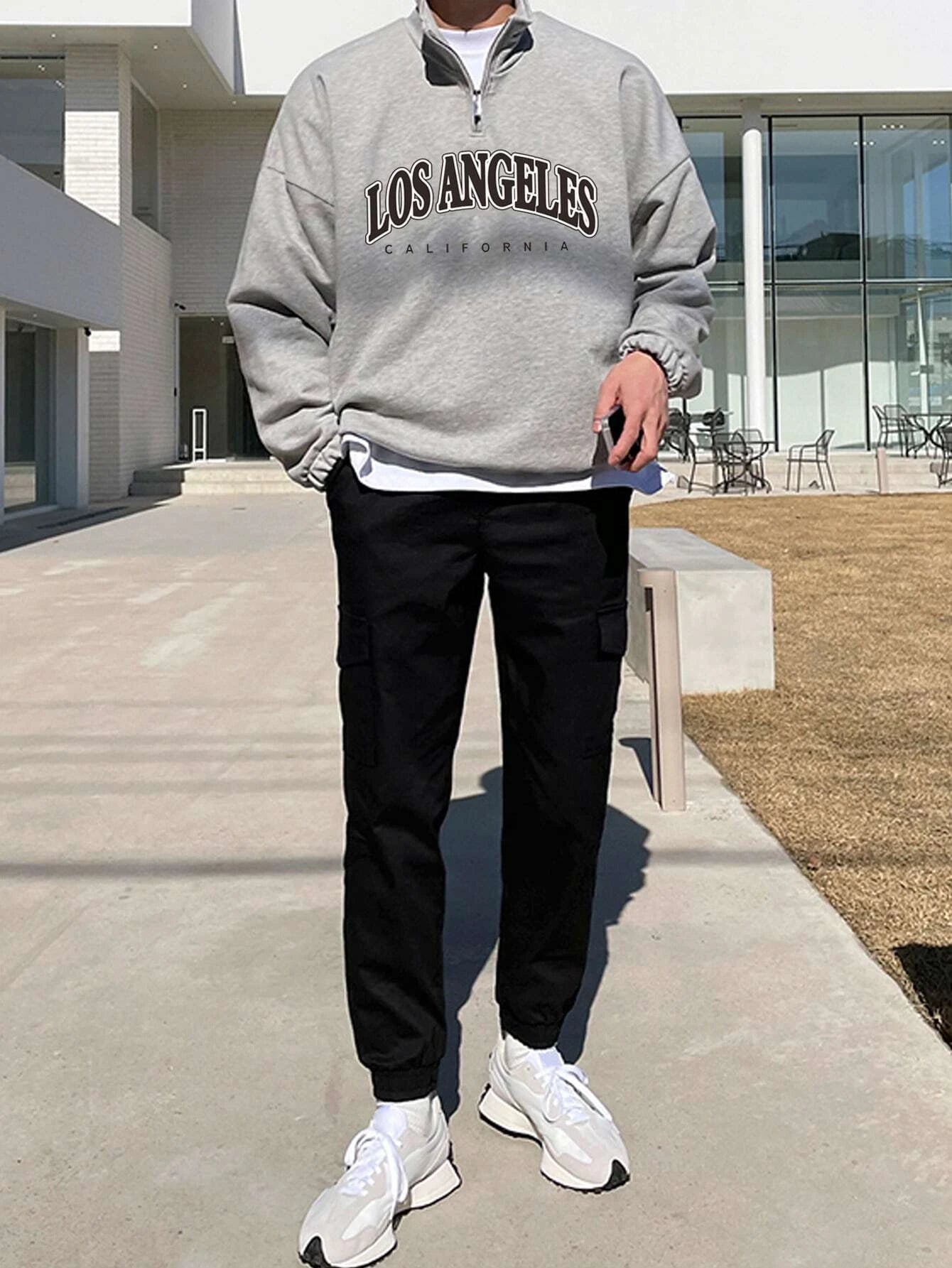 Claim Dot Men Letter Graphic Quarter Zipper Drop Shoulder Loose Sweatshirt without Tee, Light Grey Letter Long Sleeve Casual Mock Neck Sweatshirt, for Friends, Husband, Boyfriend Gifts