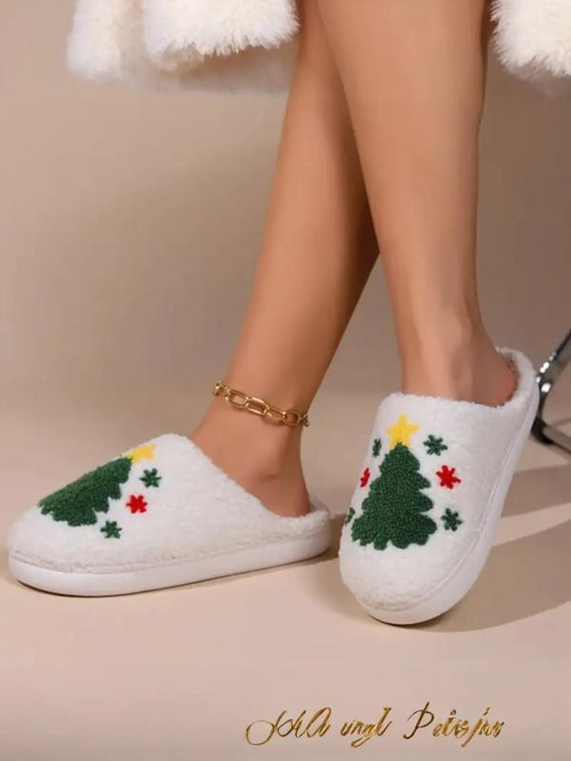 Christmas Plush Slippers, Creative Embroidered Tree Design, Unisex Indoor Outdoor Warm Shoes, Fall Winter Holiday Gift, Footwear