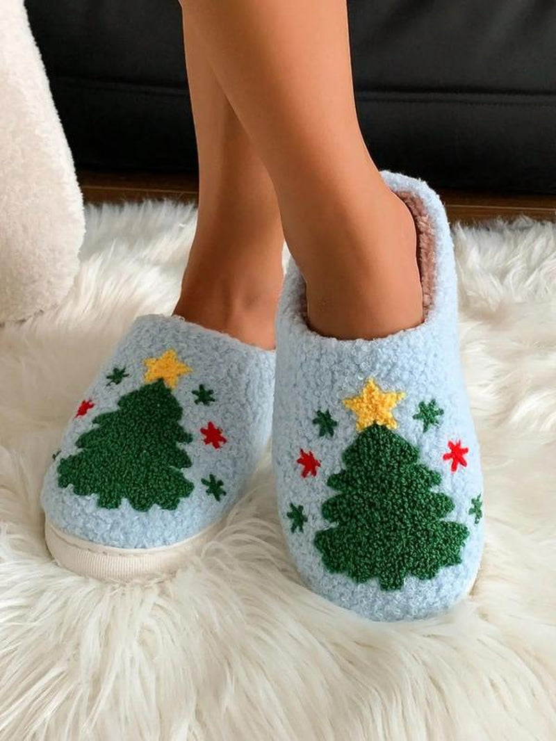 Christmas Plush Slippers, Creative Embroidered Tree Design, Unisex Indoor Outdoor Warm Shoes, Fall Winter Holiday Gift, Footwear