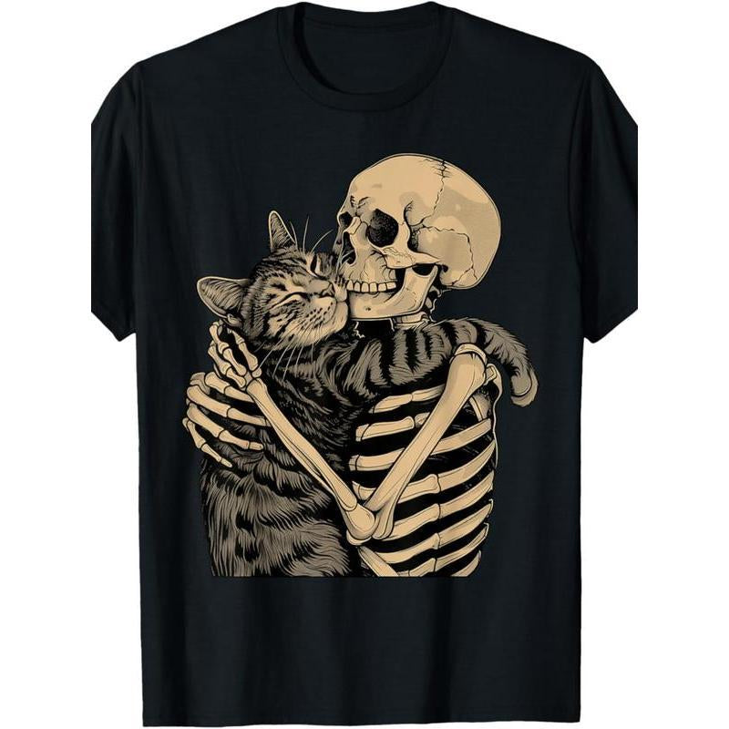 [100% Cotton] Men'S Skeleton Hugging Cat Graphic T-Shirt Cotton Crew Neck Tee, Casual Printed Top with Slight Stretch, Perfect for Cat Lovers, Ideal for Halloween, Christmas, Thanksgiving - Summer Knit Fabric Menswear Soft T-Shirt for Men and Women