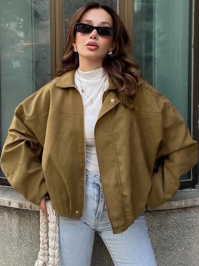 Stylish Women’s Aviator Jacket - Trendy Zip-Up Winter Outerwear for a Chic Street Look