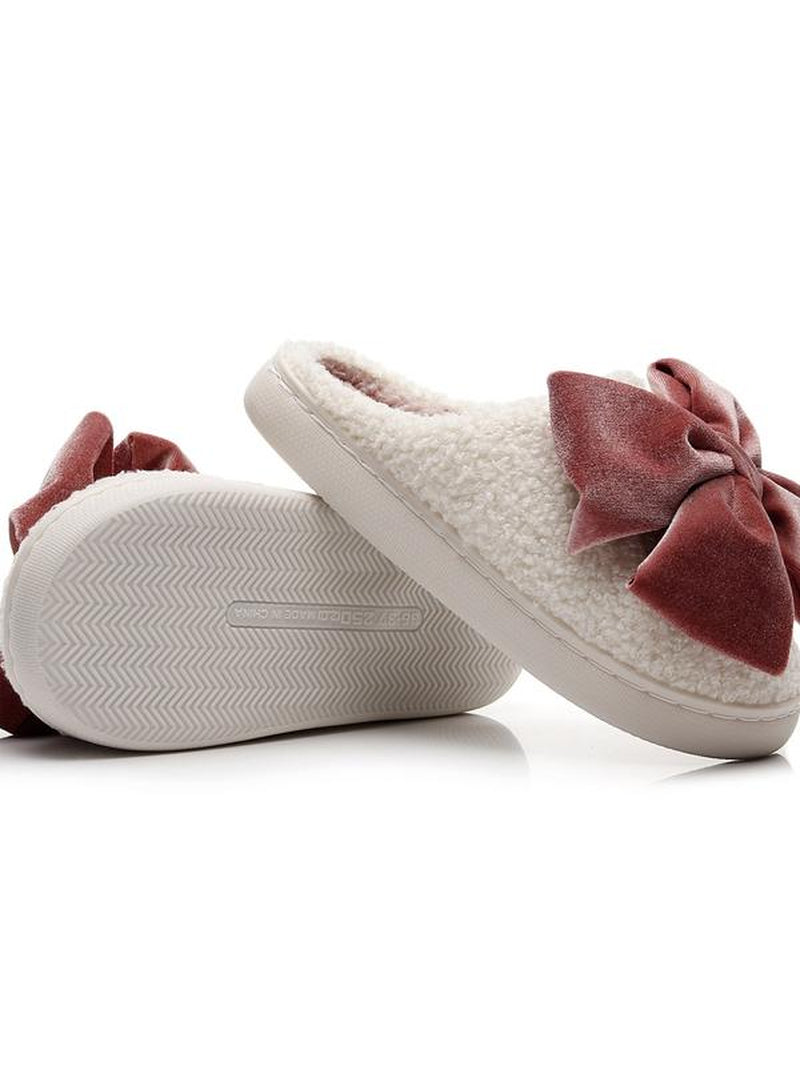 Comfortable Velvet Bow Slippers for Fall & Winter, Thick Non-Slip Plush Home Slippers for Men & Women, Cute and Casual Cozy Footwear