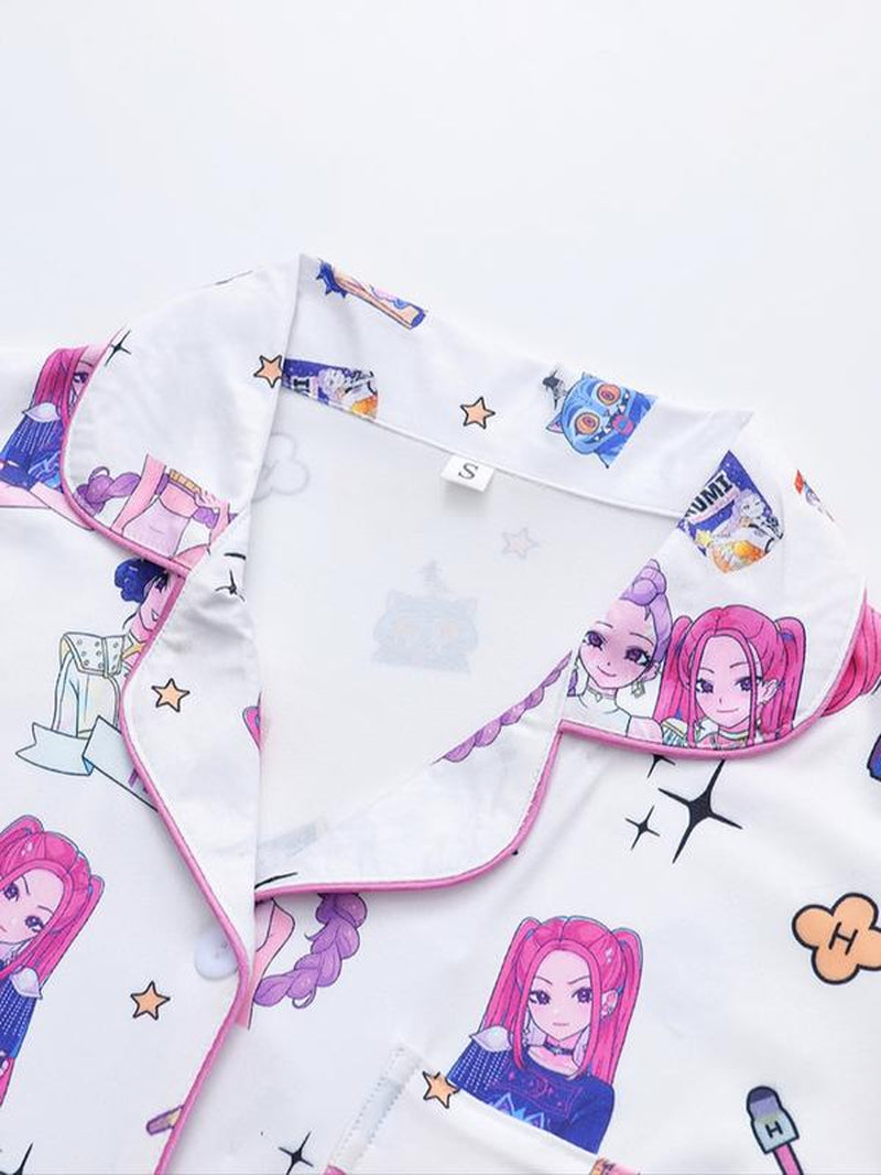 K-Pop Demon Hunter Women'S Cartoon Pajama Set, Casual Fitted Two-Piece Sleepwear, Short Sleeve Top & Elastic Waist Pants, Spring & Fall