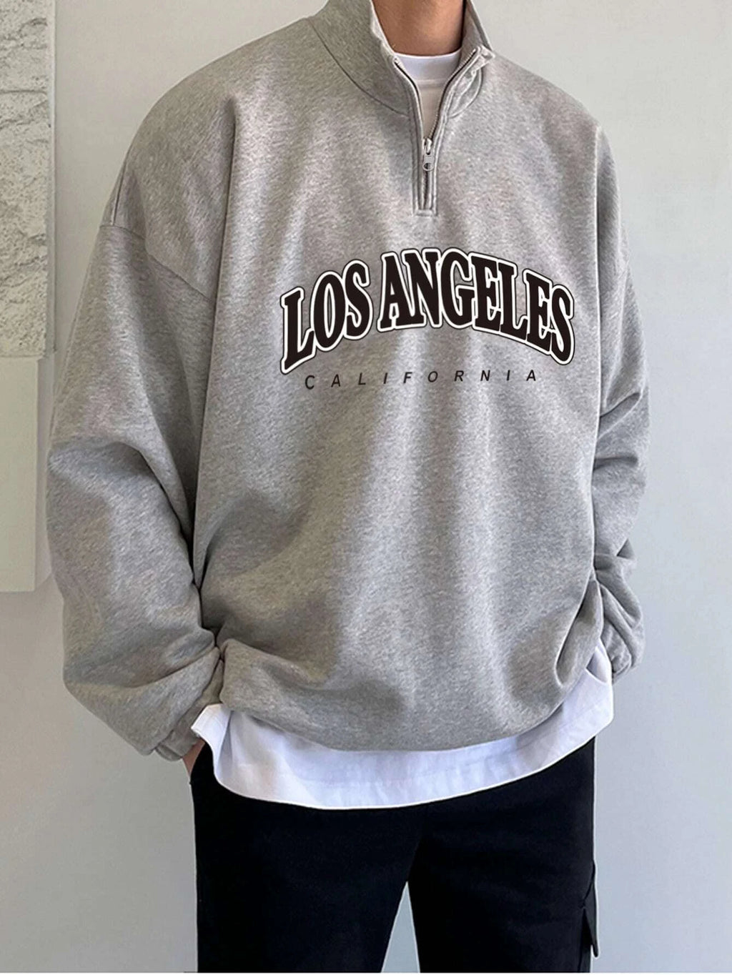 Claim Dot Men Letter Graphic Quarter Zipper Drop Shoulder Loose Sweatshirt without Tee, Light Grey Letter Long Sleeve Casual Mock Neck Sweatshirt, for Friends, Husband, Boyfriend Gifts