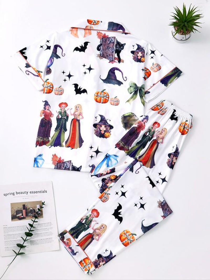 K-Pop Demon Hunter Women'S Cartoon Pajama Set, Casual Fitted Two-Piece Sleepwear, Short Sleeve Top & Elastic Waist Pants, Spring & Fall