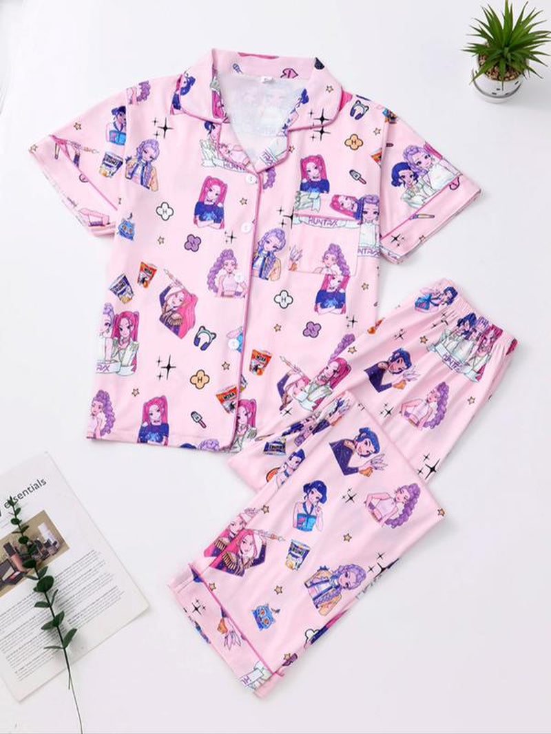 K-Pop Demon Hunter Women'S Cartoon Pajama Set, Casual Fitted Two-Piece Sleepwear, Short Sleeve Top & Elastic Waist Pants, Spring & Fall