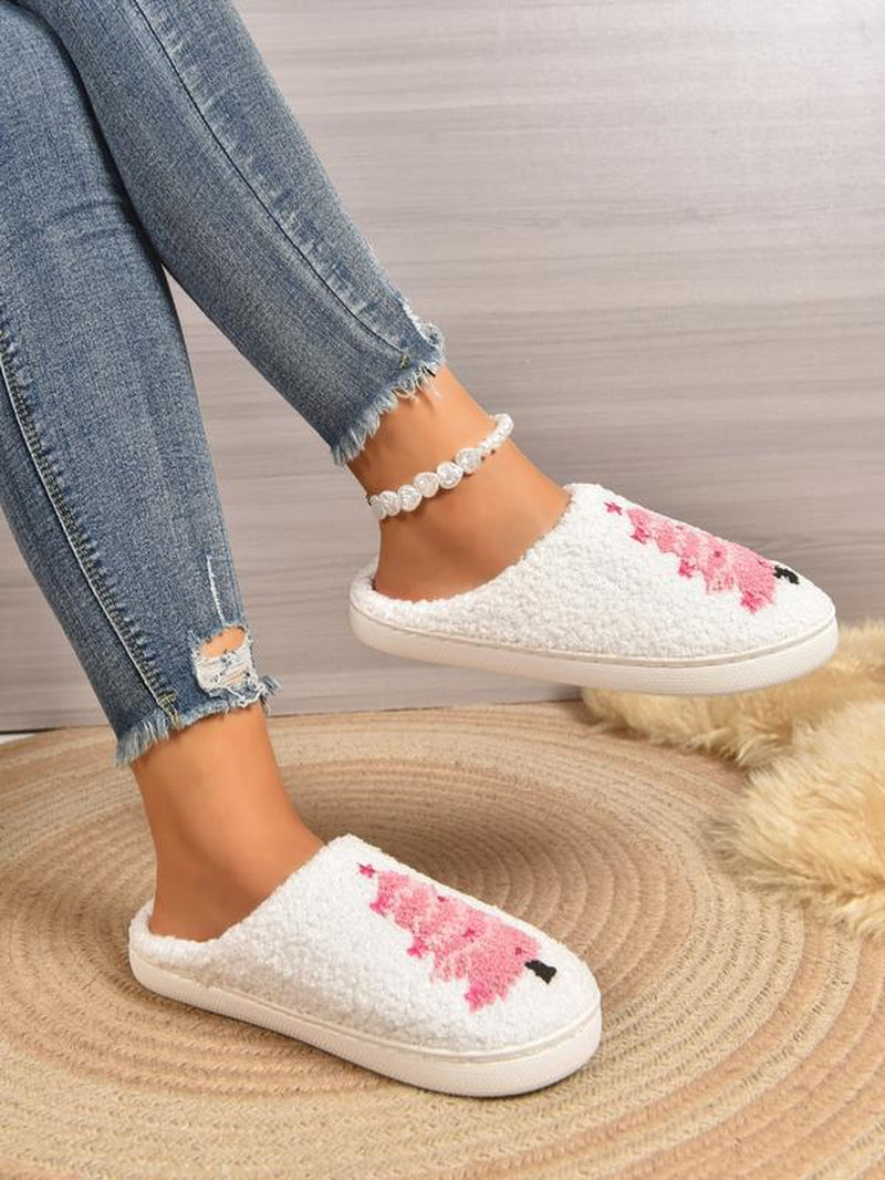 Christmas Plush Slippers, Creative Embroidered Tree Design, Unisex Indoor Outdoor Warm Shoes, Fall Winter Holiday Gift, Footwear