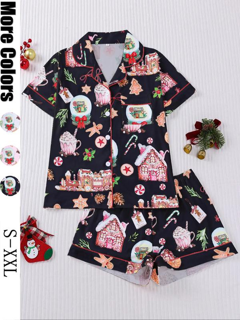 【Christmas Pyjamas】Women'S Set, Watercolor Gingerbread Print, Short Sleeve Button Front Top & Elastic Shorts, Casual Home Wear, Pajamas