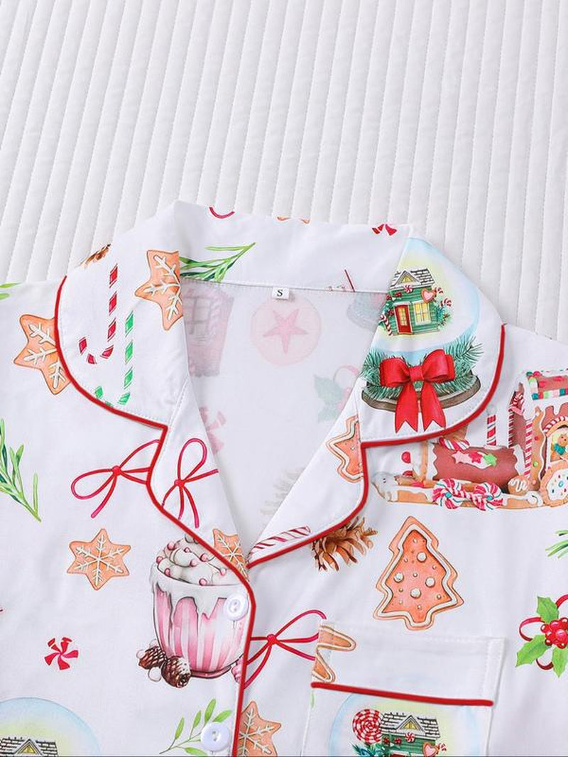 【Christmas Pyjamas】Women'S Set, Watercolor Gingerbread Print, Short Sleeve Button Front Top & Elastic Shorts, Casual Home Wear, Pajamas