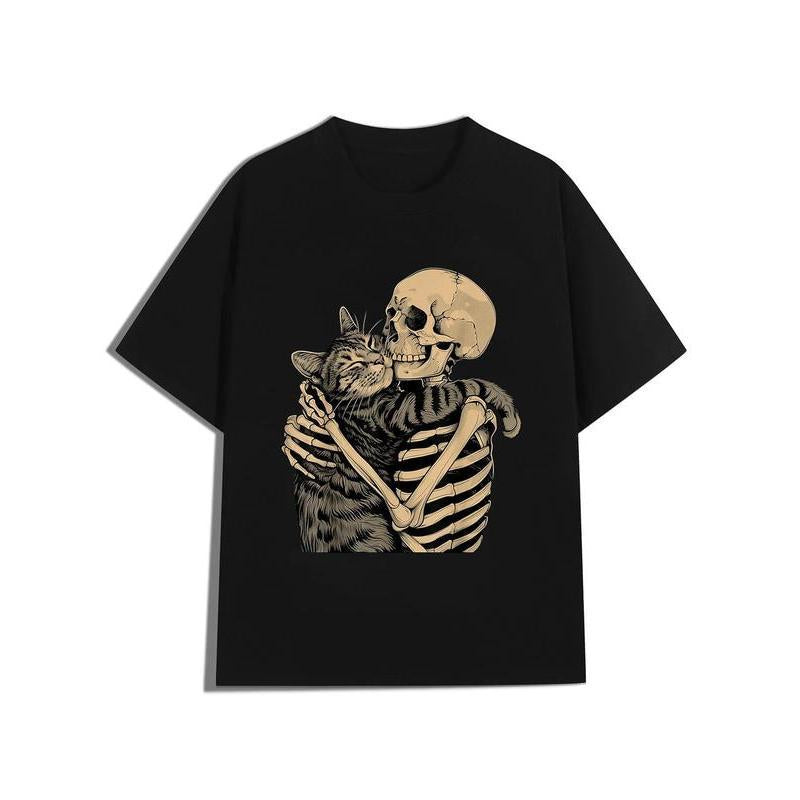 [100% Cotton] Men'S Skeleton Hugging Cat Graphic T-Shirt Cotton Crew Neck Tee, Casual Printed Top with Slight Stretch, Perfect for Cat Lovers, Ideal for Halloween, Christmas, Thanksgiving - Summer Knit Fabric Menswear Soft T-Shirt for Men and Women