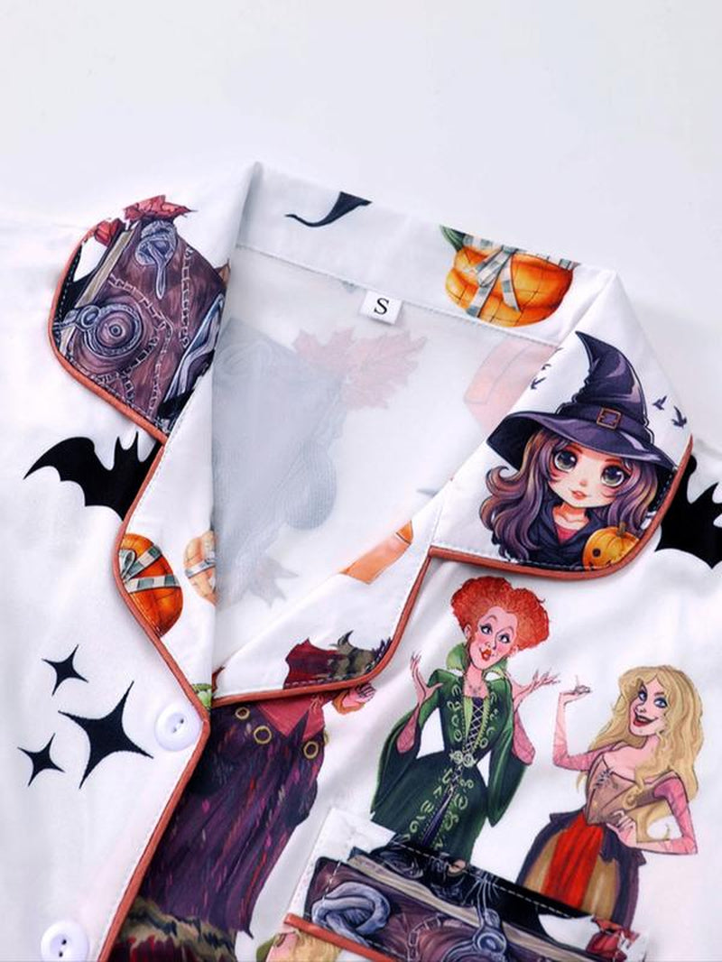 K-Pop Demon Hunter Women'S Cartoon Pajama Set, Casual Fitted Two-Piece Sleepwear, Short Sleeve Top & Elastic Waist Pants, Spring & Fall