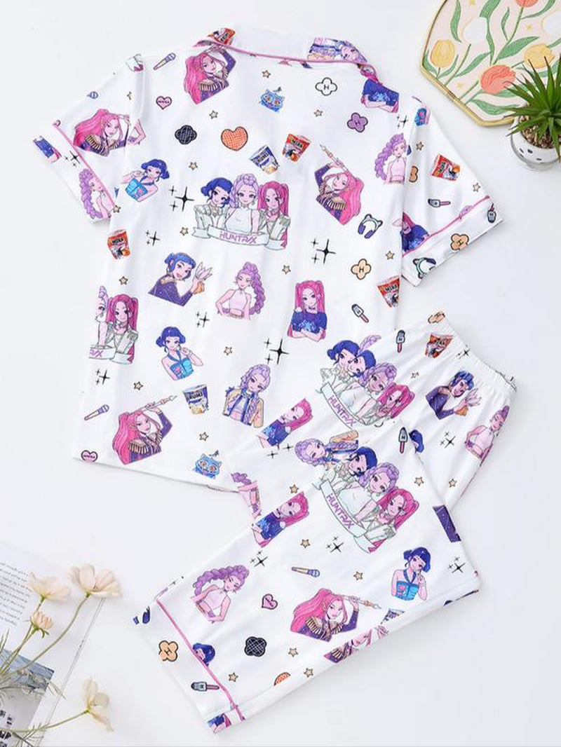 K-Pop Demon Hunter Women'S Cartoon Pajama Set, Casual Fitted Two-Piece Sleepwear, Short Sleeve Top & Elastic Waist Pants, Spring & Fall