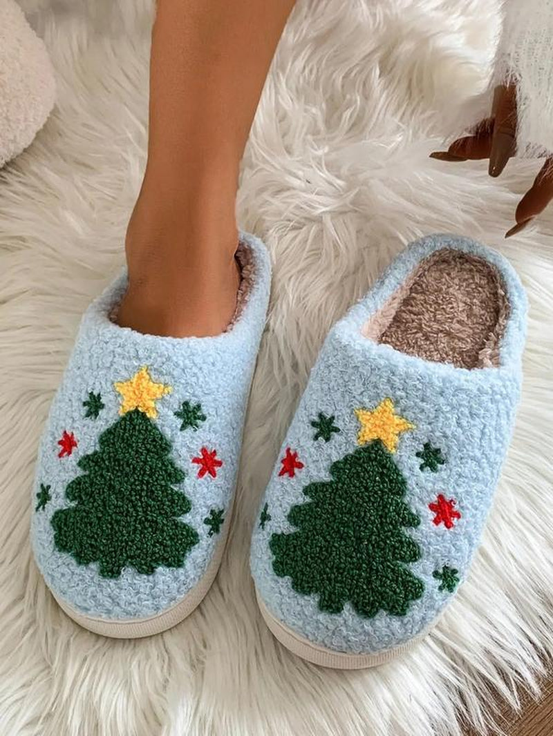 Christmas Plush Slippers, Creative Embroidered Tree Design, Unisex Indoor Outdoor Warm Shoes, Fall Winter Holiday Gift, Footwear