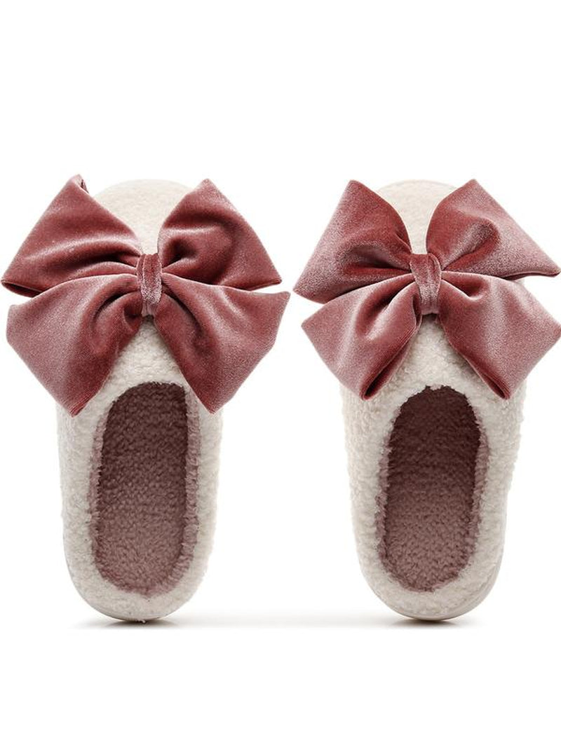 Comfortable Velvet Bow Slippers for Fall & Winter, Thick Non-Slip Plush Home Slippers for Men & Women, Cute and Casual Cozy Footwear