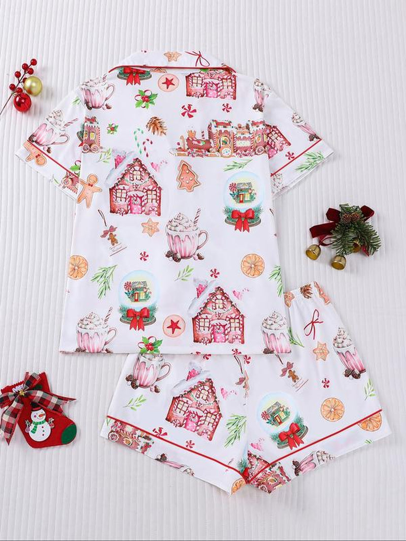 【Christmas Pyjamas】Women'S Set, Watercolor Gingerbread Print, Short Sleeve Button Front Top & Elastic Shorts, Casual Home Wear, Pajamas