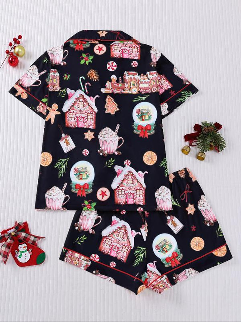 【Christmas Pyjamas】Women'S Set, Watercolor Gingerbread Print, Short Sleeve Button Front Top & Elastic Shorts, Casual Home Wear, Pajamas