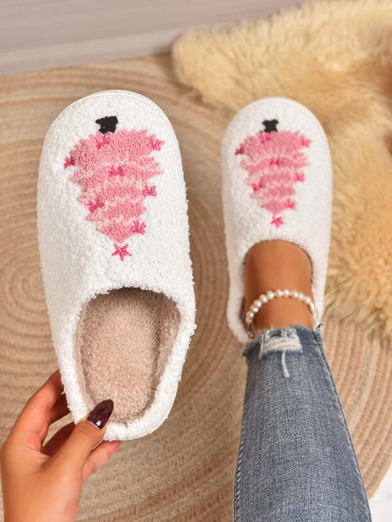 Christmas Plush Slippers, Creative Embroidered Tree Design, Unisex Indoor Outdoor Warm Shoes, Fall Winter Holiday Gift, Footwear