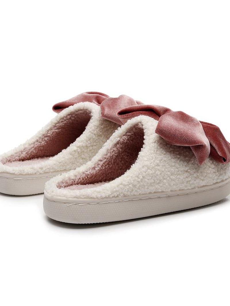 Comfortable Velvet Bow Slippers for Fall & Winter, Thick Non-Slip Plush Home Slippers for Men & Women, Cute and Casual Cozy Footwear