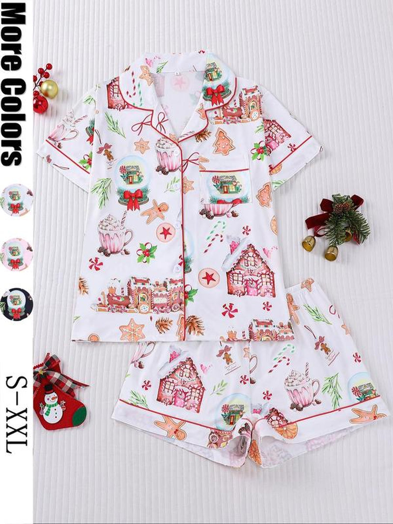 【Christmas Pyjamas】Women'S Set, Watercolor Gingerbread Print, Short Sleeve Button Front Top & Elastic Shorts, Casual Home Wear, Pajamas